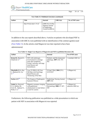 AVAILABLE FOR PUBLIC DISCLOSURE WITHOUT REDACTION




                                                                                            Page:     54 of      119


                                    Text Table 11: Published Literature (continued)

Author              Title                            Journal             GBCA(s)           No. of NSF cases

                    than 30 mL/min/1.73 m2           (2009.10.2-3)/The
                                                     Japanese Journal
                                                     of Nephrology
                                                     51(6)676/(2009.8)




In addition to the case reports described above, 4 articles on patients who developed NSF in
association with GBCAs were published with no identification of the contrast agent(s) used
(Text Table 11). In the articles cited Magnevist was later reported to have been
admininistered.

          Text Table 11: Single Case Reports of Magnevist and NSF in published literature (II)
Author                      Title                           Journal                       No of NSF cases

Krous H., Breisch E.,       NSF with multiorgan             Pediatric and Developmental   1 (multiple GBCAs)
Chadwick A.49               involvement in a teenage        pathology, 2007 (10): 395-
                            male after lymphoma,            402
                            Ewing’s sarcoma, end stage
                            renal disease and
                            hemodialysis

Moschella S. L., Kay        Case 35-2004:A 68-Year-         N Engl J Med, 2004 (351):     1 (Magnevist)
J., Mackool B., Liu         Old Man with End-Stage          2219-2227
V.50                        Renal Disease and
                            Thickening of the Skin

Farlow J.T.51               The Enigma of Nephrogenic       Nephrology Nursing Journal,   1 (Magnevist)
                            Systemic Fibrosis               2007 (34)

Gulati A., Harwood          Magnetic resonance imaging      International Journal of      1 (Magnevist/
C.A., Raftery M.,           with gadolinium                 Dermatology 2008, 47: 947-    unknown GBCAs)
Cerio R., Ashman N.,        enhancement in renal failure:   949
Proby C.A.52                a need for caution




Furthermore, the following publication was published as a slide presentation in which one
patient with NSF in association with Magnevist was reported:




                                                                                                    Page 54 of 119

                            MAGNEVIST INJECTION & PHARMACY BULK PACKAGE
 