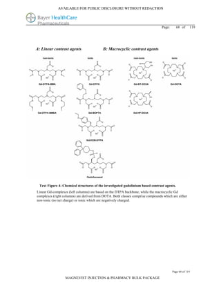 AVAILABLE FOR PUBLIC DISCLOSURE WITHOUT REDACTION




                                                                                Page:        68 of   119




A: Linear contrast agents                  B: Macrocyclic contrast agents




  Text Figure 4: Chemical structures of the investigated gadolinium based contrast agents.
Linear Gd-complexes (left columns) are based on the DTPA backbone, while the macrocyclic Gd
complexes (right columns) are derived from DOTA. Both classes comprise compounds which are either
non-ionic (no net charge) or ionic which are negatively charged.




                                                                                        Page 68 of 119

                  MAGNEVIST INJECTION & PHARMACY BULK PACKAGE
 
