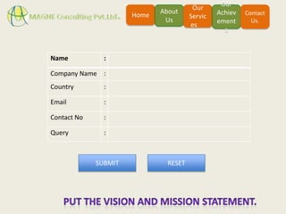 Our
                                        Our
                             About              Achiev   Contact
                      Home             Servic
                              Us                ement      Us.
                                       es
                                                  s



Name           :

Company Name :
Country        :

Email          :

Contact No     :

Query          :



             SUBMIT            RESET
 