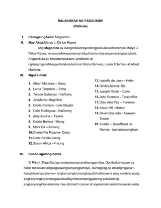 BALANGKAS NG PAGSUSURI
(Pelikula)
I. PamagatngAkda: Magnefico
II. May Akda:Maryo J. De los Reyes
Ang Magnifico ay isangindependyentengpelikulanaidinereheni Maryo J.
Delos Reyes, natumatalakaysaisangmalupitnamundosamgamatangisangbata.
Angpelikula ay kinatatampukanni JiroManio at
ngilangmgabatikangartistakatuladnina Gloria Romero, Lorna Tolentino,at Albert
Martinez.
III. MgaTauhan:
1. Albert Martinez – Gerry
2. Lorna Tolentino – Edna
3. Tonton Gutierrez - KaRomy
4. JiroManio–Magnifico
5. Gloria Romero - Lola Magda
6. Celia Rodriguez - KaDoring
7. Amy Austria – Tessie
8. Danilo Barrios –Miong
9. Mark Gil –Domeng
10.Cherry Pie Picache–Cristy
11.Girlie Sevilla–Isang
12.Susan Africa –Fracing
13.Isabella de Leon – Helen
14.DindinLlarena–Ria
15.Joseph Roble – Carlo
16.John Romano - TatayniRia
17.Dido dela Paz – Foreman
18.Alison VII –Makoy
19.David Granado - Asawani
Tessie
20.Scarlet – GuroRosel de
Ramos - tauhansasanglaan
IV. Buod/Lagomng Katha
Si Pikoy (Magnifico)ay mulasaisangmaralitangpamilya. Dahilsakahirapan ay
halos mawalannangpagasaangkanyangpamilya, dumagdag pa ritoangmgaiba't-
ibangklasengsuliranin-- angkanyangbunsongkapatidnababaena may cerebral palsy,
angkanyangkuyananagaaralsaMaynilananatanggalanng scholarship,
angkanyanglolanamanna may stomach cancer at siyanamannamahinasaeskuwela.
 