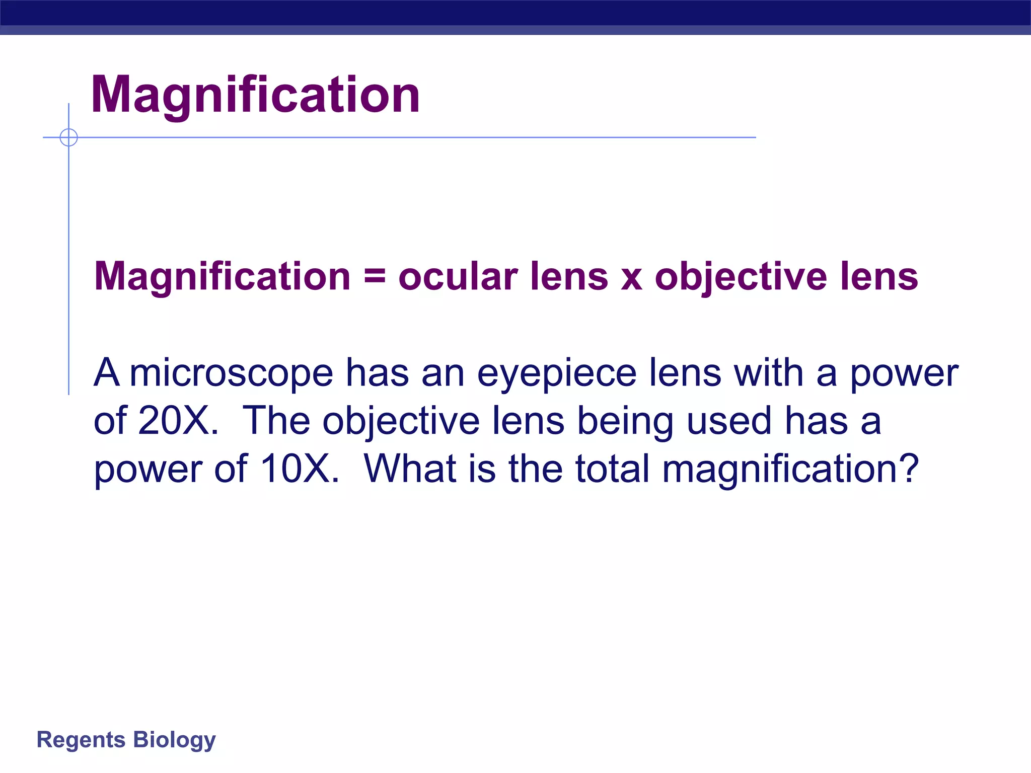 Regents Biology
Magnification
Magnification = ocular lens x objective lens
A microscope has an eyepiece lens with a power
of 20X. The objective lens being used has a
power of 10X. What is the total magnification?
 