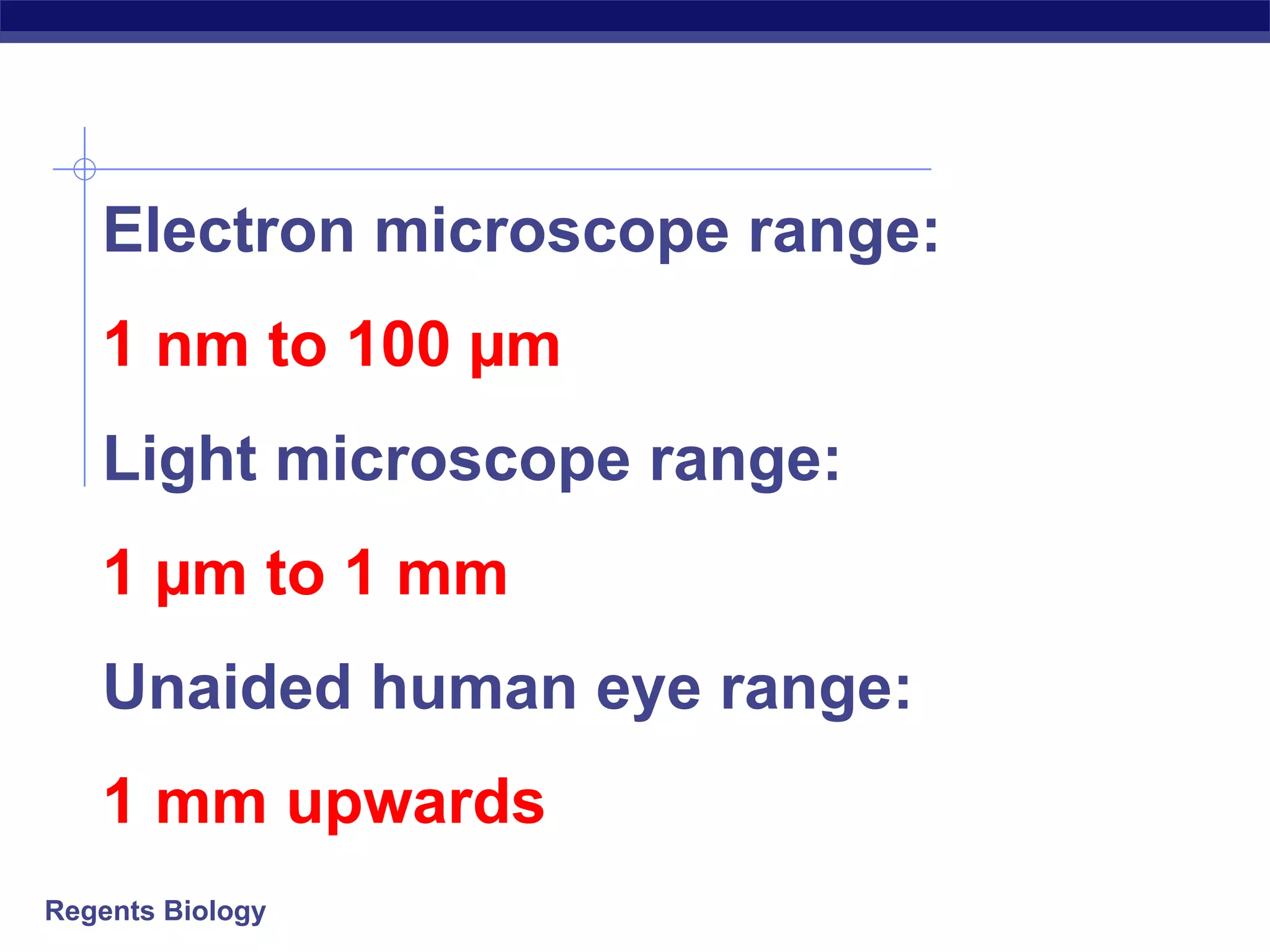 Electron microscope range: 
1 nm to 100 μm 
Light microscope range: 
1 μm to 1 mm 
Unaided human eye range: 
1 mm upwards 
Regents Biology 
 