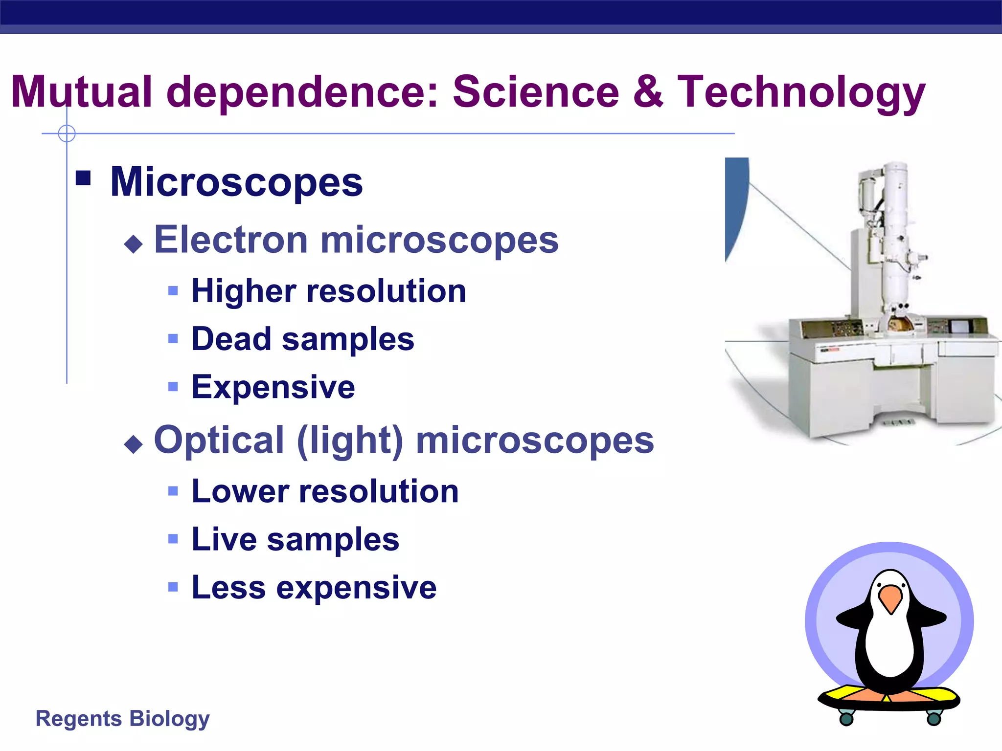 Mutual dependence: Science & Technology 
 Microscopes 
 Electron microscopes 
 Higher resolution 
 Dead samples 
 Expensive 
 Optical (light) microscopes 
 Lower resolution 
 Live samples 
 Less expensive 
Regents Biology 
 