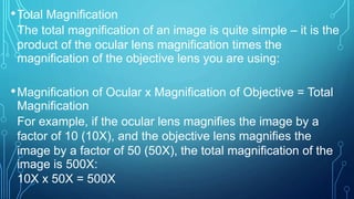 •Total Magnification
The total magnification of an image is quite simple – it is the
product of the ocular lens magnification times the
magnification of the objective lens you are using:
•Magnification of Ocular x Magnification of Objective = Total
Magnification
For example, if the ocular lens magnifies the image by a
factor of 10 (10X), and the objective lens magnifies the
image by a factor of 50 (50X), the total magnification of the
image is 500X:
10X x 50X = 500X
 