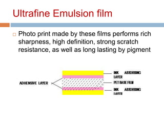 Ultrafine Emulsion film
 Photo print made by these films performs rich
sharpness, high definition, strong scratch
resistance, as well as long lasting by pigment
 