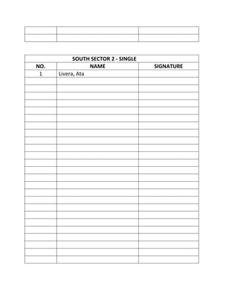 SOUTH SECTOR 2 - SINGLE
NO.               NAME                SIGNATURE
 1    Livera, Ata
 