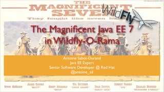 The Magniﬁcent Java EE 7	

in Wildﬂy-O-Rama
Antoine Sabot-Durand	

Java EE Expert	

Senior Software Developer @ Red Hat	

@antoine_sd

 