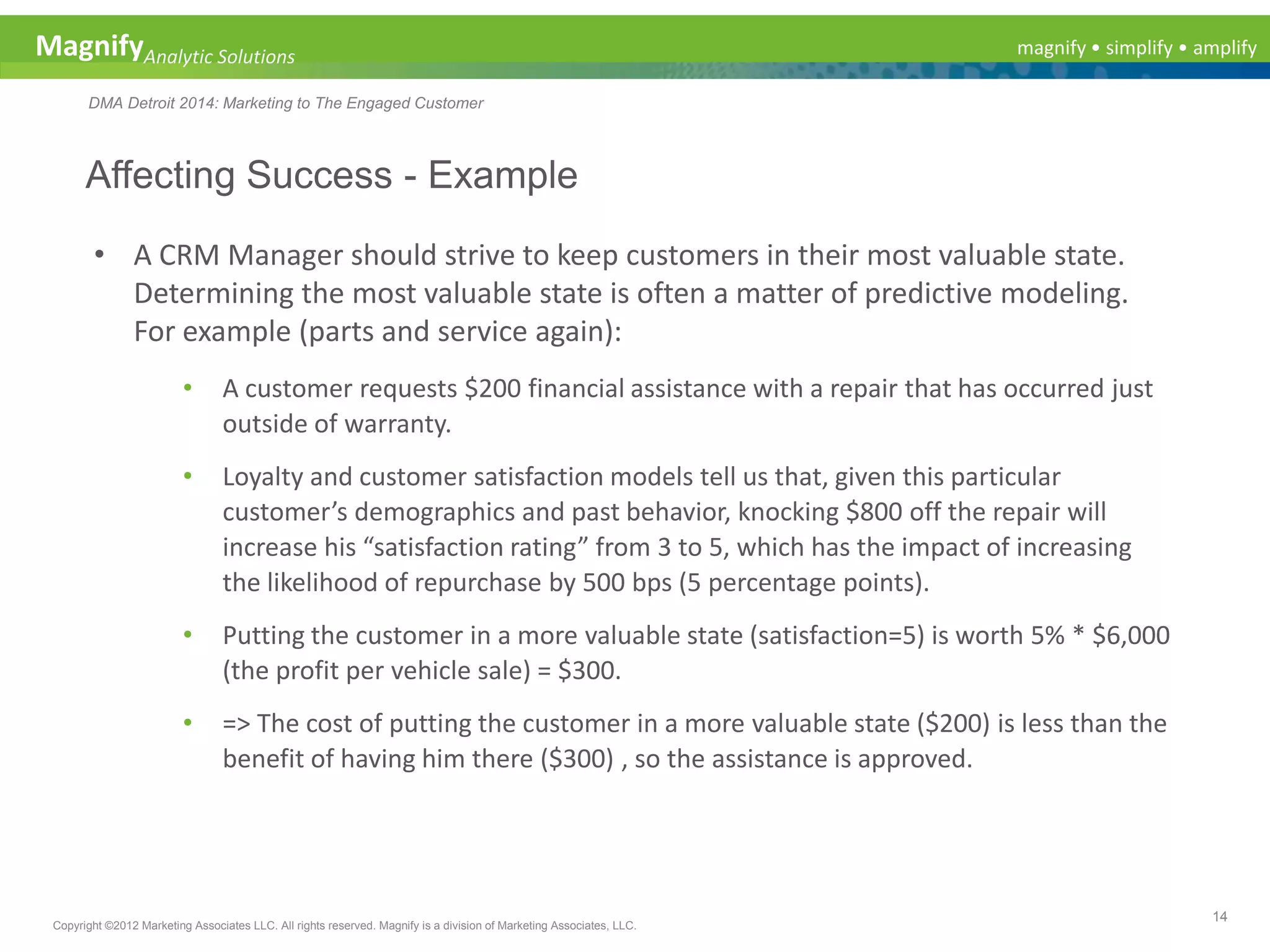 magnify • simplify • amplifyMagnifyAnalytic Solutions
DMA Detroit 2014: Marketing to The Engaged Customer
Affecting Success - Example
14
Copyright ©2012 Marketing Associates LLC. All rights reserved. Magnify is a division of Marketing Associates, LLC.
• A CRM Manager should strive to keep customers in their most valuable state.
Determining the most valuable state is often a matter of predictive modeling.
For example (parts and service again):
• A customer requests $200 financial assistance with a repair that has occurred just
outside of warranty.
• Loyalty and customer satisfaction models tell us that, given this particular
customer’s demographics and past behavior, knocking $800 off the repair will
increase his “satisfaction rating” from 3 to 5, which has the impact of increasing
the likelihood of repurchase by 500 bps (5 percentage points).
• Putting the customer in a more valuable state (satisfaction=5) is worth 5% * $6,000
(the profit per vehicle sale) = $300.
• => The cost of putting the customer in a more valuable state ($200) is less than the
benefit of having him there ($300) , so the assistance is approved.
 
