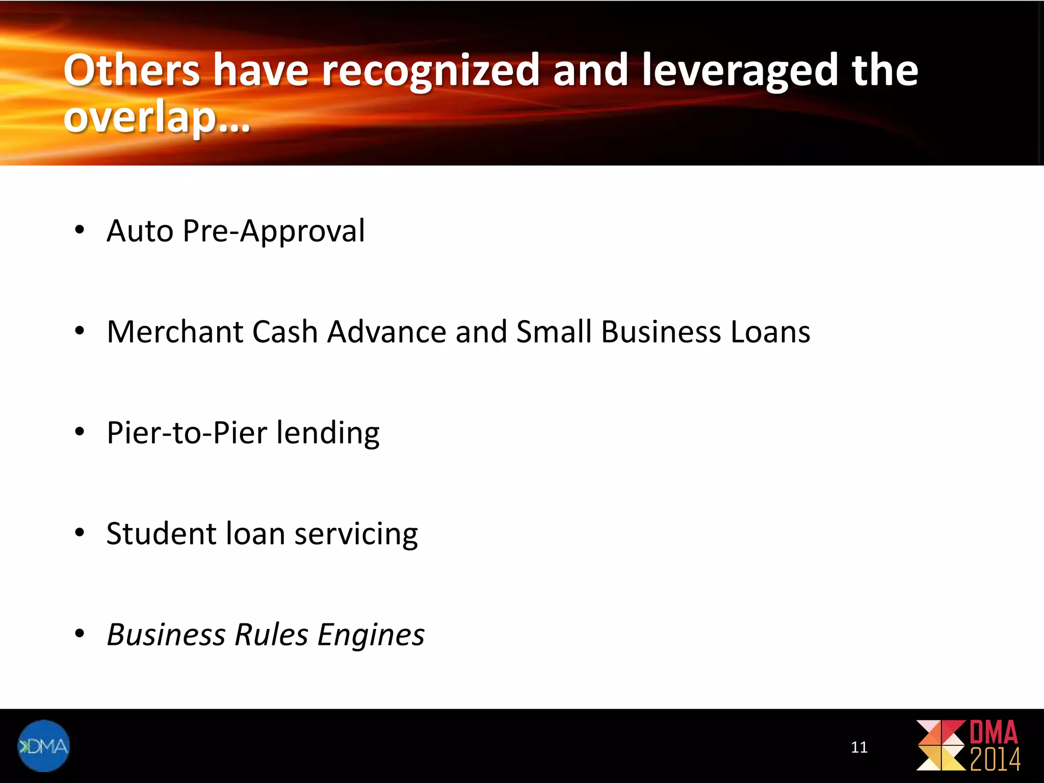 Others have recognized and leveraged the 
overlap… 
11 
• Auto Pre-Approval 
• Merchant Cash Advance and Small Business Loans 
• Pier-to-Pier lending 
• Student loan servicing 
• Business Rules Engines 
 