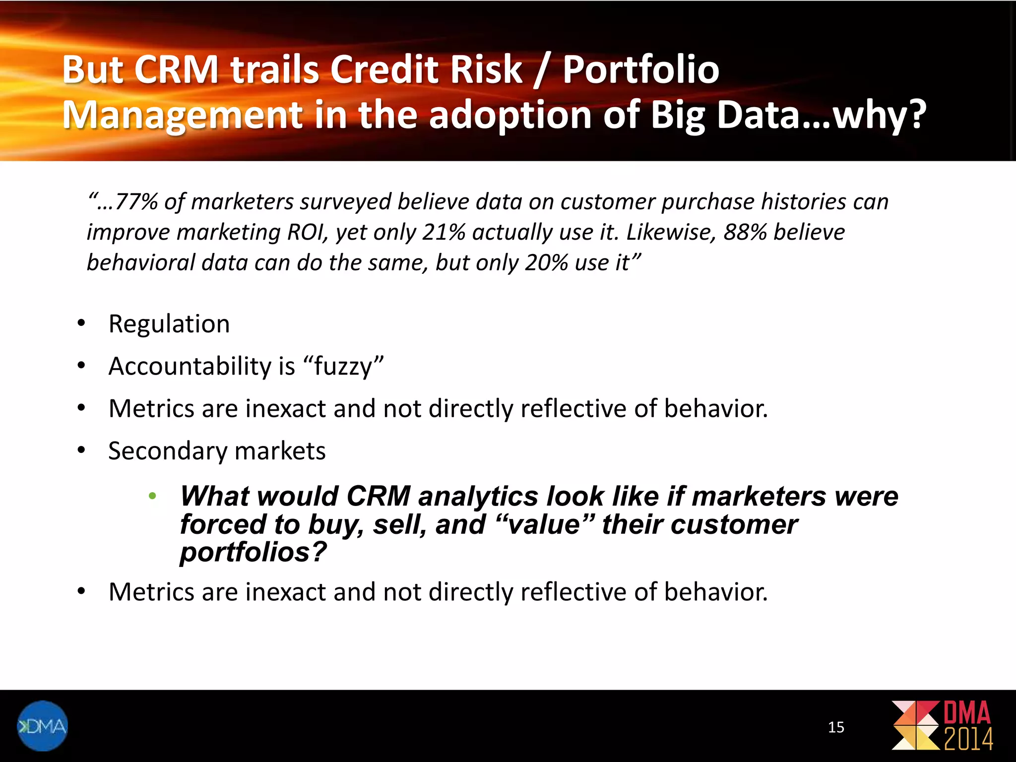 But CRM trails Credit Risk / Portfolio 
Management in the adoption of Big Data…why? 
“…77% of marketers surveyed believe data on customer purchase histories can 
improve marketing ROI, yet only 21% actually use it. Likewise, 88% believe 
behavioral data can do the same, but only 20% use it” 
15 
• Regulation 
• Accountability is “fuzzy” 
• Metrics are inexact and not directly reflective of behavior. 
• Secondary markets 
• What would CRM analytics look like if marketers were 
forced to buy, sell, and “value” their customer 
portfolios? 
• Metrics are inexact and not directly reflective of behavior. 
 