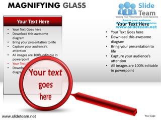MAGNIFYING GLASS
         Your Text Here                       Your Text Here
  •   Your Text Goes here
  •   Download this awesome             • Your Text Goes here
      diagram                           • Download this awesome
  •   Bring your presentation to life     diagram
  •   Capture your audience’s           • Bring your presentation to
      attention                           life
  •   All images are 100% editable in   • Capture your audience’s
      powerpoint                          attention
  •   Your Text Goes here
                                        • All images are 100% editable
  •   Download this awesome
      diagram                             in powerpoint




www.slideteam.net                                             Your Logo
 