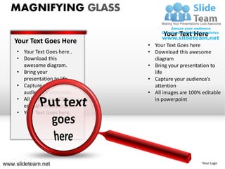 MAGNIFYING GLASS

                                      Your Text Here
    Your Text Goes Here         • Your Text Goes here
     • Your Text Goes here..    • Download this awesome
     • Download this              diagram
       awesome diagram.         • Bring your presentation to
     • Bring your                 life
       presentation to life.    • Capture your audience’s
     • Capture your               attention
       audience’s attention.    • All images are 100% editable
     • All images are 100%        in powerpoint
       editable in powerpoint
     • Your Text Goes here.




www.slideteam.net                                     Your Logo
 