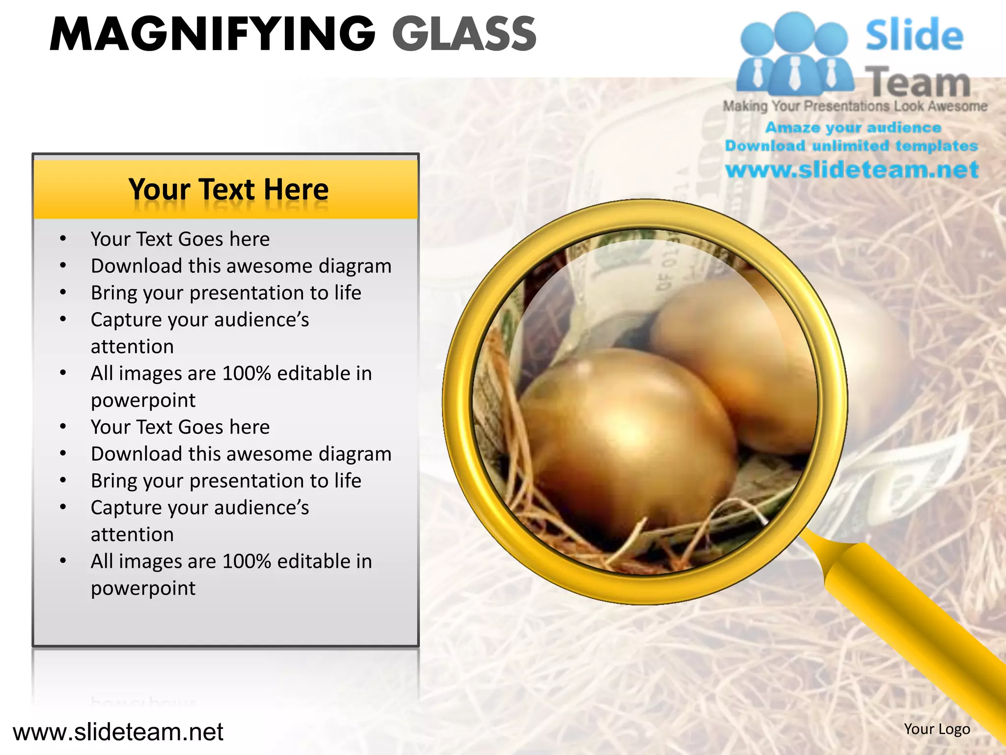 MAGNIFYING GLASS

          Your Text Here
   •   Your Text Goes here
   •   Download this awesome diagram
   •   Bring your presentation to life
   •   Capture your audience’s
       attention
   •   All images are 100% editable in
       powerpoint
   •   Your Text Goes here
   •   Download this awesome diagram
   •   Bring your presentation to life
   •   Capture your audience’s
       attention
   •   All images are 100% editable in
       powerpoint




www.slideteam.net                        Your Logo
 