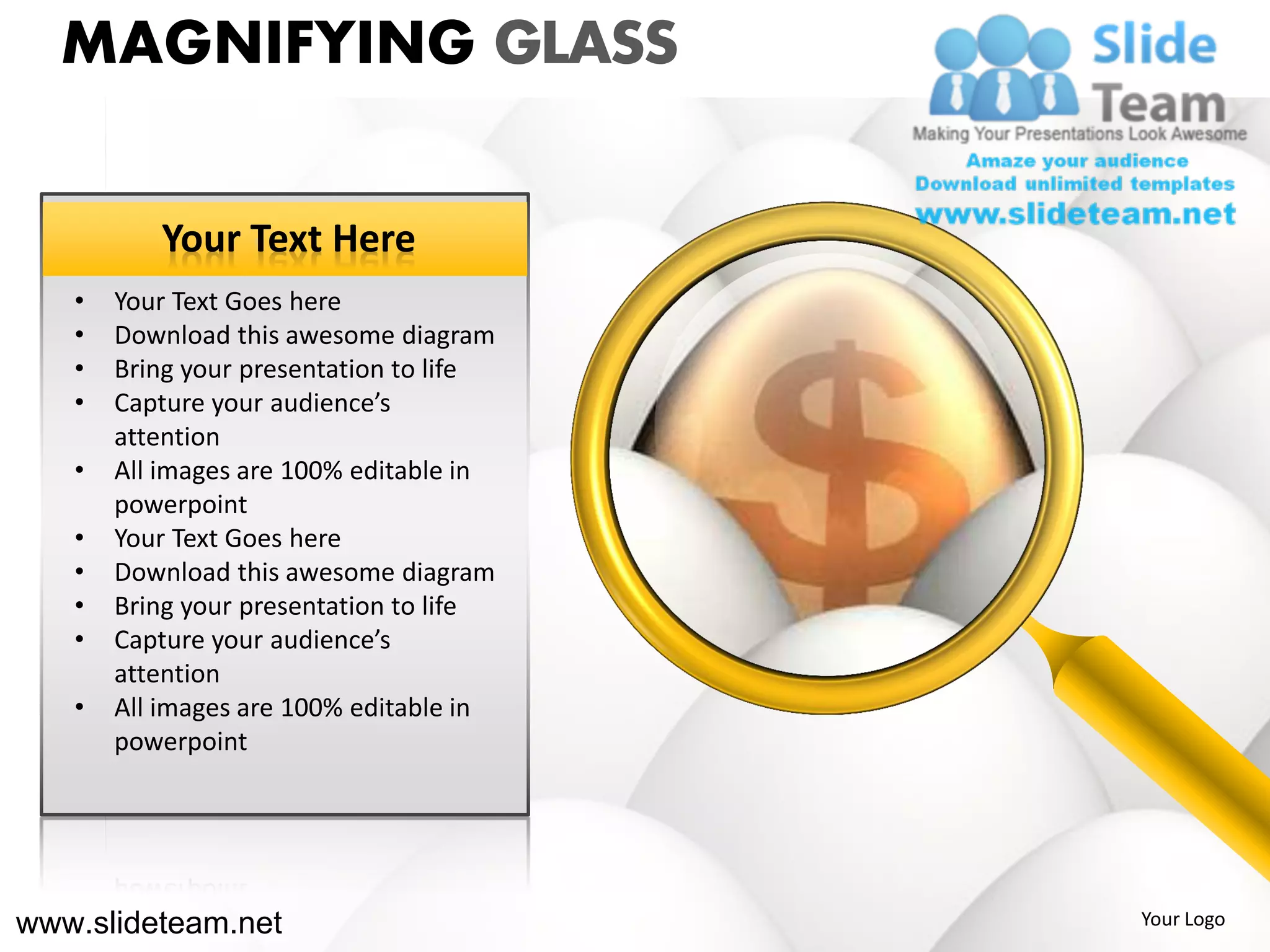 MAGNIFYING GLASS

          Your Text Here
   •   Your Text Goes here
   •   Download this awesome diagram
   •   Bring your presentation to life
   •   Capture your audience’s
       attention
   •   All images are 100% editable in
       powerpoint
   •   Your Text Goes here
   •   Download this awesome diagram
   •   Bring your presentation to life
   •   Capture your audience’s
       attention
   •   All images are 100% editable in
       powerpoint




www.slideteam.net                        Your Logo
 