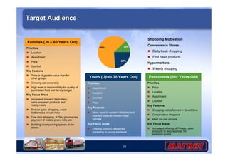 Youth (Up to 30 Years Old) 
25 
Pensioners (60+ Years Old) 
Priorities 
 Price 
 Location 
 Assortment 
 Comfort 
Key Features 
 Shopping habits formed in Soviet time 
 Conservative shoppers 
 Most are low income 
Key Focus Areas 
 Increased offering of Private Label 
products to reduce prices for 
essential goods 
Priorities 
 Assortment 
 Location 
 Comfort 
 Price 
Key Features 
 More open to western lifestyles and 
oriented towards modern retail 
formats 
Key Focus Areas 
 Offering product categories 
appealing to young audience 
Target Audience 
Families (30 – 60 Years Old) 
Priorities 
 Location 
 Assortment 
 Price 
 Comfort 
Key Features 
 Time is of greater value than for 
other groups 
 Growing car ownership 
 High level of responsibility for quality of 
purchased food and family budget 
Key Focus Areas 
 Increased share of fresh dairy, 
semi-prepared products and 
ready meals 
 Ensure quick shopping, avoid 
bottlenecks in rush hour 
 One stop shopping: ATMs, pharmacies, 
payment of mobile phone bills, etc 
 Building more parking spaces at the 
stores 
64% 12% 
24% 
Shopping Motivation 
Convenience Stores 
 Daily fresh shopping 
 First need products 
Hypermarkets 
 Weekly shopping 
 