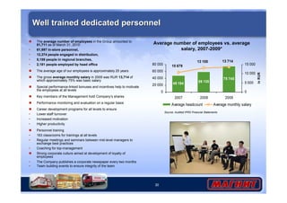 Well trained dedicated personnel 
Average number of employees vs. average 
80 000 
60 000 
40 000 
20 000 
30 
salary, 2007-2009* 
48 194 59 135 
13 714 
75 745 
10 679 
13 100 
0 
2007 2008 2009 
15 000 
10 000 
5 000 
0 
in RUR 
Average headcount Average monthly salary 
 The average number of employees in the Group amounted to 
81,711 as of March 31, 2010: 
• 61,997 in-store personnel, 
• 12,374 people engaged in distribution, 
• 5,159 people in regional branches, 
• 2,181 people employed by head office 
 The average age of our employees is approximately 25 years 
 The gross average monthly salary in 2009 was RUR 13,714 of 
which approximately 75% was basic salary 
 Special performance-linked bonuses and incentives help to motivate 
the employees at all levels 
 Key members of the Management hold Company’s shares 
 Performance monitoring and evaluation on a regular basis 
 Career development programs for all levels to ensure 
• Lower staff turnover 
• Increased motivation 
• Higher productivity 
 Personnel training 
• 163 classrooms for trainings at all levels 
• Regular meetings and seminars between mid-level managers to 
exchange best practices 
• Coaching for top-management 
 Strong corporate culture aimed at development of loyalty of 
employees 
• The Company publishes a corporate newspaper every two months 
• Team building events to ensure integrity of the team 
Source: Audited IFRS Financial Statements 
 