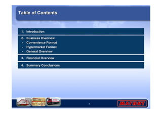 3
Table of ContentsTable of Contents
1.1. IntroductionIntroduction
2.2. Business OverviewBusiness Overview
-- Convenience FormatConvenience Format
-- Hypermarket FormatHypermarket Format
-- General OverviewGeneral Overview
3.3. Financial OverviewFinancial Overview
4.4. Summary ConclusionsSummary Conclusions
 