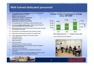 30
Well trained dedicated personnelWell trained dedicated personnel
48 194 59 135
75 745
13 714
10 679
13 100
0
20 000
40 000
60 000
80 000
2007 2008 2009
0
5 000
10 000
15 000
inRUR
Average headcount Average monthly salary
Average number of employees vs. average
salary, 2007-2009*
The average number of employees in the Group amounted to
75,745 as of December 31, 2009:
• 58,606 in-store personnel,
• 10,638 people engaged in distribution,
• 4,419 people in regional branches,
• 2,082 people employed by head office
The average age of our employees is approximately 25 years
The gross average monthly salary in 2009 was RUR 13,714 of
which approximately 75% was basic salary
Special performance-linked bonuses and incentives help to motivate
the employees at all levels
Key members of the Management hold Company’s shares
Performance monitoring and evaluation on a regular basis
Career development programs for all levels to ensure
• Lower staff turnover
• Increased motivation
• Higher productivity
Personnel training
• 163 classrooms for trainings at all levels
• Regular meetings and seminars between mid-level managers to
exchange best practices
• Coaching for top-management
Strong corporate culture aimed at development of loyalty of
employees
• The Company publishes a corporate newspaper every two months
• Team building events to ensure integrity of the team
Source: Audited IFRS Financial Statements
 