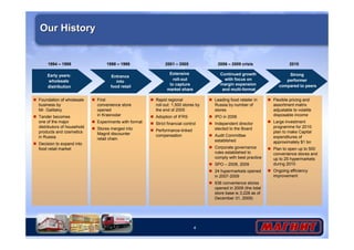 4
Our HistoryOur History
Foundation of wholesale
business by
Mr. Galitskiy
Tander becomes
one of the major
distributors of household
products and cosmetics
in Russia
Decision to expand into
food retail market
19941994 –– 19981998
Early years:
wholesale
distribution
First
convenience store
opened
in Krasnodar
Experiments with format
Stores merged into
Magnit discounter
retail chain
19981998 –– 19991999
Entrance
into
food retail
Rapid regional
roll-out: 1,500 stores by
the end of 2005
Adoption of IFRS
Strict financial control
Performance-linked
compensation
20012001 –– 20052005
Extensive
roll-out
to capture
market share
Leading food retailer in
Russia by number of
stores
IPO in 2006
Independent director
elected to the Board
Audit Committee
established
Corporate governance
rules established to
comply with best practice
SPO – 2008, 2009
24 hypermarkets opened
in 2007-2009
636 convenience stores
opened in 2009 (the total
store base is 3,228 as of
December 31, 2009)
20062006 –– 2009 crisis2009 crisis
Continued growth
with focus on
margin expansion
and multi-format
Flexible pricing and
assortment matrix
adjustable to volatile
disposable income
Large investment
programme for 2010:
plan to make Capital
expenditures of
approximately $1 bn
Plan to open up to 500
convenience stores and
up to 25 hypermarkets
during 2010
Ongoing efficiency
improvement
20102010
Strong
performer
compared to peers
 