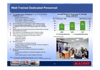 Well-Trained Dedicated Personnel 
Average Number of Employees vs. Average 
Salary, 2009-2011 
 The average number of employees (1) in the Group amounted to 
123,506 during 2011: 
– 87,088 in-store personnel, 
– 24,443 people engaged in distribution, 
– 8,217 people in regional branches, 
– 3,758 people employed by head office 
 The average age of our employees is approximately 25 years 
 The gross average monthly salary in 2011 was RUB 19,560 
(c. US$666(2)) per month of which approximately 75% was basic 
salary 
 Special performance-linked bonuses and incentives help to motivate 
the employees at all levels 
 Key members of the Management hold Company’s shares 
 Performance monitoring and evaluation on a regular basis 
 Career development programs for all levels to ensure 
(No. of employees, ’000) (’000 RUB per month) 
33 
– Lower staff turnover 
– Increased motivation 
– Higher productivity 
 Personnel training 
– 174 classrooms for trainings at all levels 
– Regular meetings and seminars between mid-level managers to 
exchange best practices 
– Coaching for top-management 
 Strong corporate culture aimed at development of loyalty of 
employees 
– The Company publishes a corporate newspaper every two 
months 
– Team building events to ensure integrity of the team 
Source: IFRS accounts 
Notes: (1) Total number of employees as of December 31, 2011 is 144,520 
(2) Converted to US$ using average exchange rate for 2011 of 29.3874 RUB/US$ (CBR) 
 