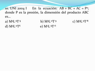 10. UNI 2004 I En la ecuación: AB + BC + AC = P2;
donde P es la presión, la dimensión del producto ABC
es…
a) M3L-3T-3 b) M3L-2T-3 c) M3L-3T-6
d) M3L-2T6 e) M3L-3T-6
 