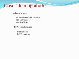 Clases de magnitudes
a) Por su origen:
a1) Fundamentales o básicas
a2) Derivadas
a3) Auxiliares
b) Por su naturaleza:
b1) Escalares
b2) Vectoriales
 