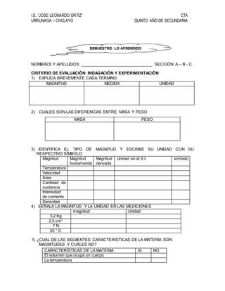 I.E. “JOSE LEONARDO ORTIZ” CTA
URRUNAGA – CHCLAYO QUINTO AÑO DE SECUNDARIA
NOMBRES Y APELLIDOS: ________________________________ SECCIÓN: A – B - C
CRITERIO DE EVALUACIÓN: INDAGACIÓN Y EXPERIMENTACIÓN
1) EXPLICA BREVEMENTE CADA TERMINO:
2) CUALES SON LAS DIFERENCIAS ENTRE MASA Y PESO
3) IDENTIFICA EL TIPO DE MAGNITUD Y ESCRIBE SU UNIDAD CON SU
RESPECTIVO SÍMBOLO
Magnitud Magnitud
fundamental
Magnitud
derivada
Unidad en el S.I. símbolo
Temperatura
Velocidad
Área
Cantidad de
sustancia
Intensidad
de corriente
Densidad
4) SEÑALA LA MAGNITUD Y LA UNIDAD EN LAS MEDICIONES
magnitud Unidad
3,2 Kg
2,5 cm3
7 N
25 ° C
5. ¿CUÁL DE LAS SIGUIENTES CARACTERÍSTICAS DE LA MATERIA SON
MAGNITUDES Y CUÁLES NO?
CARACTERÍSTICAS DE LA MATERIA SI NO
El volumen que ocupa un cuerpo
La temperatura
MAGNITUD MEDIDA UNIDAD
MASA PESO
DEMUESTRO LO APRENDIDO
 