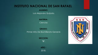 INSTITUTO NACIONAL DE SAN RAFAEL
ALUMNO:
Luis Alejandro Quijada.
MATERIA:
Ciencias
GRADO:
Primer Año De Bachillerato General.
SECCION:
"B”.
AÑO :
2018.
 