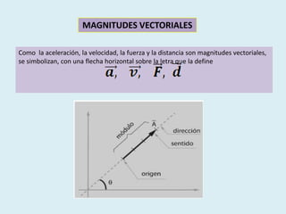 MAGNITUDES VECTORIALES
Como la aceleración, la velocidad, la fuerza y la distancia son magnitudes vectoriales,
se simbolizan, con una flecha horizontal sobre la letra que la define
