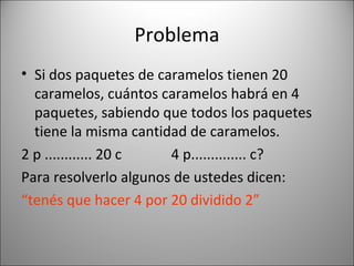 Problema Si dos paquetes de caramelos tienen 20 caramelos, cuántos caramelos habrá en 4 paquetes, sabiendo que todos los paquetes tiene la misma cantidad de caramelos. 2 p ............ 20 c  4 p.............. c? Para resolverlo algunos de ustedes dicen: “ tenés que hacer 4 por 20 dividido 2” 