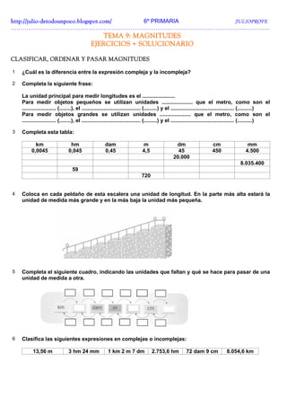 http://julio-
http://julio -detodounpoco.blogspot.com/ 6º PRIMARIA JULIOPROFE
…………………………………………………………………………………………………………..………….
                                                 TEMA 9: MAGNITUDES
                                              EJERCICIOS + SOLUCIONARIO

CLASIFICAR, ORDENAR Y PASAR MAGNITUDES

1   ¿Cuál es la diferencia entre la expresión compleja y la incompleja?

2   Completa la siguiente frase:

    La unidad principal para medir longitudes es el ......................
    Para medir objetos pequeños se utilizan unidades ..................... que el metro, como son el
    ....................... (........), el ........................................ (.........) y el ........................................... (..........)
    Para medir objetos grandes se utilizan unidades ..................... que el metro, como son el
    ....................... (........), el ........................................ (.........) y el ........................................... (..........)

3   Completa esta tabla:

           km                    hm                    dam                    m                   dm                     cm                    mm
         0,0045                 0,045                  0,45                   4,5                  45                    450                  4.500
                                                                                                 20.000
                                                                                                                                          8.035.400
                                   59
                                                                             720


4   Coloca en cada peldaño de esta escalera una unidad de longitud. En la parte más alta estará la
    unidad de medida más grande y en la más baja la unidad más pequeña.




5   Completa el siguiente cuadro, indicando las unidades que faltan y qué se hace para pasar de una
    unidad de medida a otra.




6   Clasifica las siguientes expresiones en complejas o incomplejas:

          13,56 m               3 hm 24 mm               1 km 2 m 7 dm              2.753,6 hm           72 dam 9 cm              8.054,6 km
 