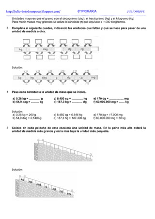 http://julio-
http://julio -detodounpoco.blogspot.com/ 6º PRIMARIA JULIOPROFE
…………………………………………………………………………………………………………..………….
    Unidades mayores que el gramo son el decagramo (dag), el hectogramo (hg) y el kilogramo (kg)
    Para medir masas muy grandes se utiliza la tonelada (t) que equivale a 1.000 kilogramos.

3   Completa el siguiente cuadro, indicando las unidades que faltan y qué se hace para pasar de una
    unidad de medida a otra.




    Solución:




4   Pasa cada cantidad a la unidad de masa que se indica.

    a) 0,26 kg = .............. g   c) 8.450 cg = .............. hg   e) 170 dg = .................. mg
    b) 54,9 dag = .......... kg     d) 187,3 hg = ............. dg    f) 60.000.000 mg = ....... kg


    Solución:
    a) 0,26 kg = 260 g              c) 8.450 cg = 0,845 hg            e) 170 dg = 17.000 mg
    b) 54,9 dag = 0,549 kg          d) 187,3 hg = 187.300 dg          f) 60.000.000 mg = 60 kg


5   Coloca en cada peldaño de esta escalera una unidad de masa. En la parte más alta estará la
    unidad de medida más grande y en la más baja la unidad más pequeña.




    Solución:
 