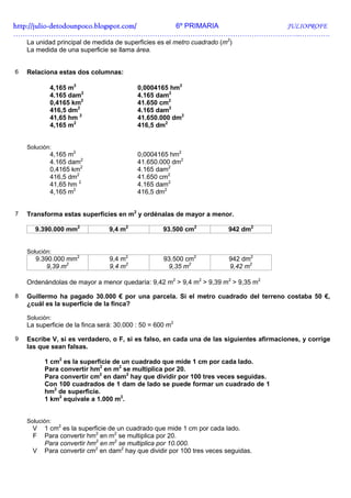 http://julio-
http://julio -detodounpoco.blogspot.com/ 6º PRIMARIA JULIOPROFE
…………………………………………………………………………………………………………..………….
    La unidad principal de medida de superficies es el metro cuadrado (m2)
    La medida de una superficie se llama área.


6   Relaciona estas dos columnas:

            4,165 m2                       0,0004165 hm2
            4.165 dam2                     4.165 dam2
            0,4165 km2                     41.650 cm2
            416,5 dm2                      4.165 dam2
            41,65 hm 2                     41.650.000 dm2
            4,165 m2                       416,5 dm2


    Solución:
            4,165 m2                       0,0004165 hm2
            4.165 dam2                     41.650.000 dm2
            0,4165 km2                     4.165 dam2
            416,5 dm2                      41.650 cm2
            41,65 hm 2                     4.165 dam2
            4,165 m2                       416,5 dm2


7   Transforma estas superficies en m2 y ordénalas de mayor a menor.

       9.390.000 mm2             9,4 m2             93.500 cm2          942 dm2


    Solución:
       9.390.000 mm2             9,4 m2             93.500 cm2           942 dm2
          9,39 m2                9,4 m2              9,35 m2             9,42 m2

    Ordenándolas de mayor a menor quedaría: 9,42 m2 > 9,4 m2 > 9,39 m2 > 9,35 m2

8   Guillermo ha pagado 30.000 € por una parcela. Si el metro cuadrado del terreno costaba 50 €,
    ¿cuál es la superficie de la finca?

    Solución:
    La superficie de la finca será: 30.000 : 50 = 600 m2

9   Escribe V, si es verdadero, o F, si es falso, en cada una de las siguientes afirmaciones, y corrige
    las que sean falsas.

          1 cm2 es la superficie de un cuadrado que mide 1 cm por cada lado.
          Para convertir hm2 en m2 se multiplica por 20.
          Para convertir cm2 en dam2 hay que dividir por 100 tres veces seguidas.
          Con 100 cuadrados de 1 dam de lado se puede formar un cuadrado de 1
          hm2 de superficie.
          1 km2 equivale a 1.000 m2.


    Solución:
      V   1 cm2 es la superficie de un cuadrado que mide 1 cm por cada lado.
      F   Para convertir hm2 en m2 se multiplica por 20.
          Para convertir hm2 en m2 se multiplica por 10.000.
      V   Para convertir cm2 en dam2 hay que dividir por 100 tres veces seguidas.
 