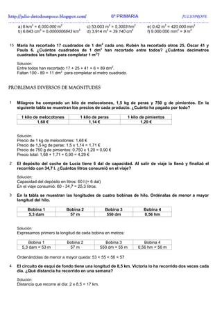 http://julio-
http://julio -detodounpoco.blogspot.com/ 6º PRIMARIA JULIOPROFE
…………………………………………………………………………………………………………..………….
    a) 6 km2 = 6.000.000 m2                 c) 53.003 m2 = 5,3003 hm2          e) 0,42 m2 = 420.000 mm2
    b) 6.843 cm2 = 0,0000006843 km2         d) 3,914 m2 = 39.140 cm2           f) 9.000.000 mm2 = 9 m2


15 María ha recortado 17 cuadrados de 1 dm2 cada uno. Rubén ha recortado otros 25, Óscar 41 y
    Paula 6. ¿Cuántos cuadrados de 1 dm2 han recortado entre todos? ¿Cuántos decímetros
    cuadrados les faltan para completar 1 m2?

    Solución:
    Entre todos han recortado 17 + 25 + 41 + 6 = 89 dm2.
    Faltan 100 - 89 = 11 dm2 para completar el metro cuadrado.


PROBLEMAS DIVERSOS DE MAGNITUDES


1   Milagros ha comprado un kilo de melocotones, 1,5 kg de peras y 750 g de pimientos. En la
    siguiente tabla se muestran los precios de cada producto. ¿Cuánto ha pagado por todo?

      1 kilo de melocotones             1 kilo de peras              1 kilo de pimientos
               1,68 €                        1,14 €                         1,20 €


    Solución:
    Precio de 1 kg de melocotones: 1,68 €
    Precio de 1,5 kg de peras: 1,5 x 1,14 = 1,71 €
    Precio de 750 g de pimientos: 0,750 x 1,20 = 0,90 €
    Precio total: 1,68 + 1,71 + 0,90 = 4,29 €

2   El depósito del coche de Lucía tiene 6 dal de capacidad. Al salir de viaje lo llenó y finalizó el
    recorrido con 34,7 l. ¿Cuántos litros consumió en el viaje?

    Solución:
    Capacidad del depósito en litros: 60 l (= 6 dal)
    En el viaje consumió: 60 - 34,7 = 25,3 litros.

3   En la tabla se muestran las longitudes de cuatro bobinas de hilo. Ordénalas de menor a mayor
    longitud del hilo.

          Bobina 1              Bobina 2               Bobina 3              Bobina 4
          5,3 dam                57 m                   550 dm               0,56 hm


    Solución:
    Expresamos primero la longitud de cada bobina en metros:

         Bobina 1               Bobina 2               Bobina 3              Bobina 4
      5,3 dam = 53 m             57 m                550 dm = 55 m        0,56 hm = 56 m

    Ordenándolas de menor a mayor queda: 53 < 55 < 56 < 57

4   El circuito de esquí de fondo tiene una longitud de 8,5 km. Victoria lo ha recorrido dos veces cada
    día. ¿Qué distancia ha recorrido en una semana?

    Solución:
    Distancia que recorre al día: 2 x 8,5 = 17 km.
 
