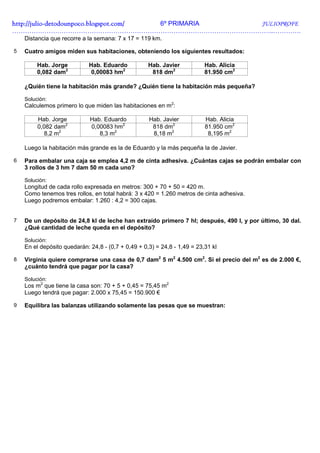 http://julio-
http://julio -detodounpoco.blogspot.com/ 6º PRIMARIA JULIOPROFE
…………………………………………………………………………………………………………..………….
    Distancia que recorre a la semana: 7 x 17 = 119 km.

5   Cuatro amigos miden sus habitaciones, obteniendo los siguientes resultados:

         Hab. Jorge          Hab. Eduardo           Hab. Javier           Hab. Alicia
         0,082 dam2           0,00083 hm2            818 dm2              81.950 cm2

    ¿Quién tiene la habitación más grande? ¿Quién tiene la habitación más pequeña?

    Solución:
    Calculemos primero lo que miden las habitaciones en m2:

         Hab. Jorge          Hab. Eduardo           Hab. Javier           Hab. Alicia
         0,082 dam2          0,00083 hm2             818 dm2              81.950 cm2
           8,2 m2               8,3 m2               8,18 m2               8,195 m2

    Luego la habitación más grande es la de Eduardo y la más pequeña la de Javier.

6   Para embalar una caja se emplea 4,2 m de cinta adhesiva. ¿Cuántas cajas se podrán embalar con
    3 rollos de 3 hm 7 dam 50 m cada uno?

    Solución:
    Longitud de cada rollo expresada en metros: 300 + 70 + 50 = 420 m.
    Como tenemos tres rollos, en total habrá: 3 x 420 = 1.260 metros de cinta adhesiva.
    Luego podremos embalar: 1.260 : 4,2 = 300 cajas.


7   De un depósito de 24,8 kl de leche han extraído primero 7 hl; después, 490 l, y por último, 30 dal.
    ¿Qué cantidad de leche queda en el depósito?

    Solución:
    En el depósito quedarán: 24,8 - (0,7 + 0,49 + 0,3) = 24,8 - 1,49 = 23,31 kl

8   Virginia quiere comprarse una casa de 0,7 dam2 5 m2 4.500 cm2. Si el precio del m2 es de 2.000 €,
    ¿cuánto tendrá que pagar por la casa?

    Solución:
    Los m2 que tiene la casa son: 70 + 5 + 0,45 = 75,45 m2
    Luego tendrá que pagar: 2.000 x 75,45 = 150.900 €

9   Equilibra las balanzas utilizando solamente las pesas que se muestran:
 