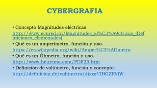 • Concepto Magnitudes eléctricas
http://www.ecured.cu/Magnitudes_el%C3%A9ctricas_(Def
iniciones_elementales)
• Qué es un amperímetro, función y uso.
https://es.wikipedia.org/wiki/Amper%C3%ADmetro
• Qué es un Óhmetro, función y uso.
http://www.heurema.com/PDF23.htm
• Definición de voltímetro, función y concepto.
http://definicion.de/voltimetro/#ixzz47BGZPVfW
CYBERGRAFIA
 