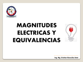 MAGNITUDES
ELECTRICAS Y
EQUIVALENCIAS
Ing. Mg. Cristian González Soto
 