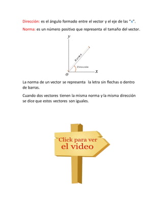Dirección: es el ángulo formado entre el vector y el eje de las “x”. 
Norma: es un número positivo que representa el tamaño del vector. 
La norma de un vector se representa la letra sin flechas o dentro 
de barras. 
Cuando dos vectores tienen la misma norma y la misma dirección 
se dice que estos vectores son iguales. 
 