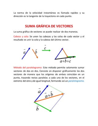 La norma de la velocidad instantánea es llamada rapidez y su 
dirección es la tangente de la trayectoria en cada punto. 
SUMA GRÁFICA DE VECTORES 
La suma gráfica de vectores se puede realizar de dos maneras. 
Cabeza y cola: Se unen las cabezas y las colas de cada vector y el 
resultado es unir la cola y la cabeza del último vector. 
Método del paralelogramo: Este método permite solamente sumar 
vectores de dos en dos. Consiste en disponer gráficamente los dos 
vectores de manera que los orígenes de ambos coincidan en un 
punto, trazando rectas paralelas a cada uno de los vectores, en el 
extremo del otro y de igual longitud, formando así un paralelogramo. 
 