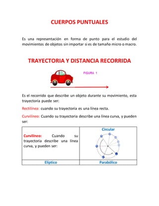 CUERPOS PUNTUALES 
Es una representación en forma de punto para el estudio del 
movimientos de objetos sin importar si es de tamaño micro o macro. 
TRAYECTORIA Y DISTANCIA RECORRIDA 
Es el recorrido que describe un objeto durante su movimiento, esta 
trayectoria puede ser: 
Rectilínea: cuando su trayectoria es una línea recta. 
Curvilíneo: Cuando su trayectoria describe una línea curva, y pueden 
ser: 
Curvilíneo: Cuando su 
trayectoria describe una línea 
curva, y pueden ser: 
Circular 
Elíptico Parabólico 
 