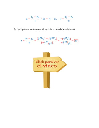 푎 = 
푣푓 − 푣0 
푡 
→ 푎푡 = 푣푓 − 푣0 → 푡 = 
푣푓 − 푣0 
푎 
Se reemplazan los valores, sin omitir las unidades de estos. 
푡 = 
푣푓 − 푣0 
푎 
= 
(0 푚 
⁄푠) − (4 푚 
⁄푠) 
(−4 푚 
⁄푠2) 
= 
−(4 푚 
⁄푠) 
−4 푚 
⁄푠2 
= 1푠 
 