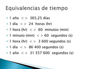 1 año  < >  365,25 días 1 día  < >  24  horas (hr) 1 hora (hr)  < >  60  minutos (min) 1 minuto (min)  < > 60  segundos (s) 1 hora (hr)  < >  3 600 segundos (s) 1 día  < >  86 400 segundos (s) 1 año  < >  31 557 600  segundos (s) 