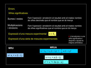 Fem l’operació i arrodonim el resultat amb el mateix nombre de xifres decimals que el nombre que en té menys Sumes i restes Fem l’operació i arrodonim el resultat amb el mateix nombre de xifres significatives que el nombre que en té menys Multiplicacions  i divisions Expressió d’una mesura experimental x    E a Xifres significatives Expressió d’una sèrie de mesures experimentals    s’arrodoneix a una xifra significativa i després s’ajusta la mitjana aritmètica x= x 0  + v (t - t 0 ) v = v 0  + a (t - t 0 ) v 2  = v 0   2 + 2a (x - x 0 ) MRU MRUA Errors x = x 0  + v 0  (t    t 0 )  +  a (t    t 0 ) 2   