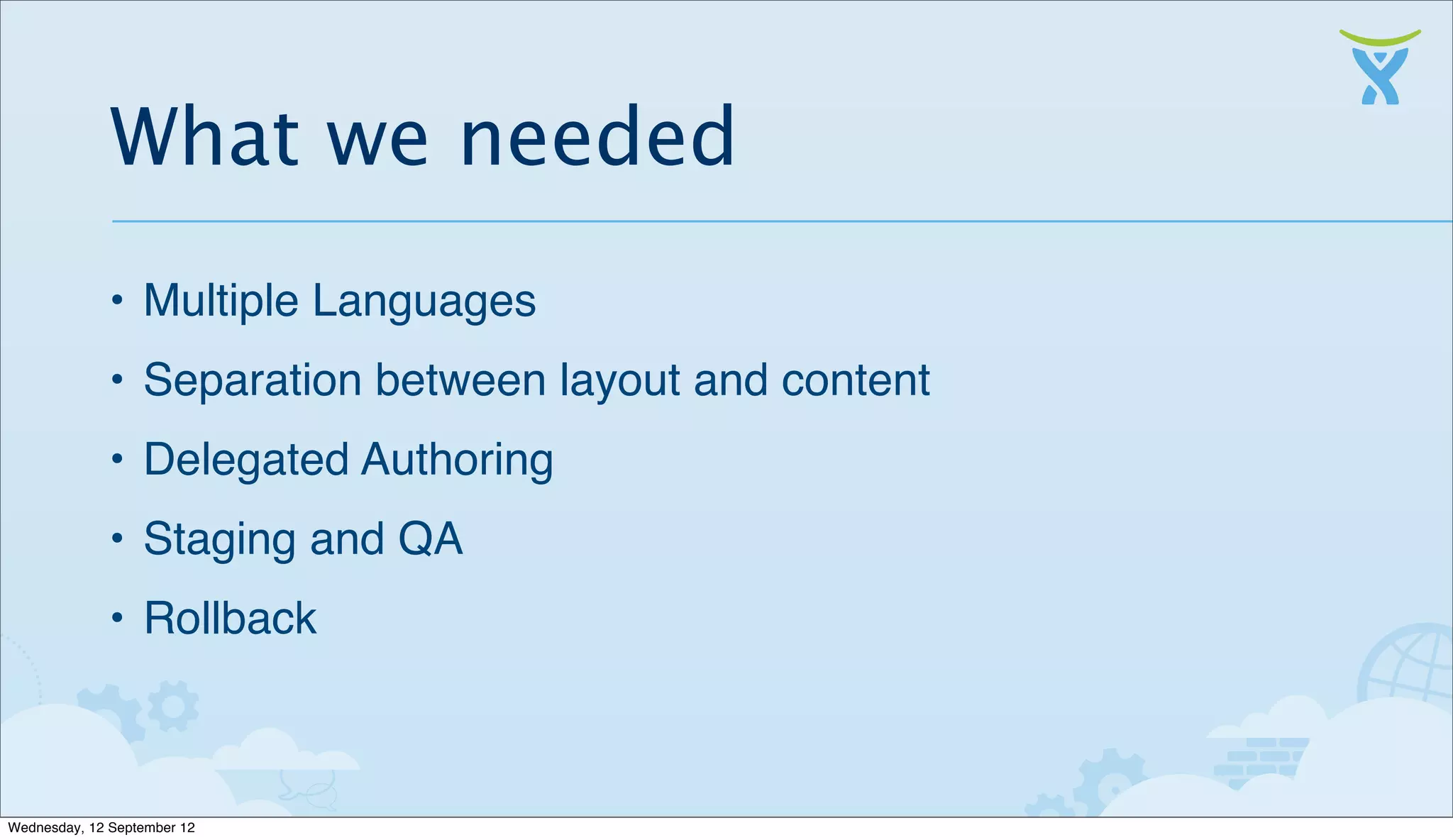What we needed
              • Multiple Languages
              • Separation between layout and content
              • Delegated Authoring
              • Staging and QA
              • Rollback



Wednesday, 12 September 12
 