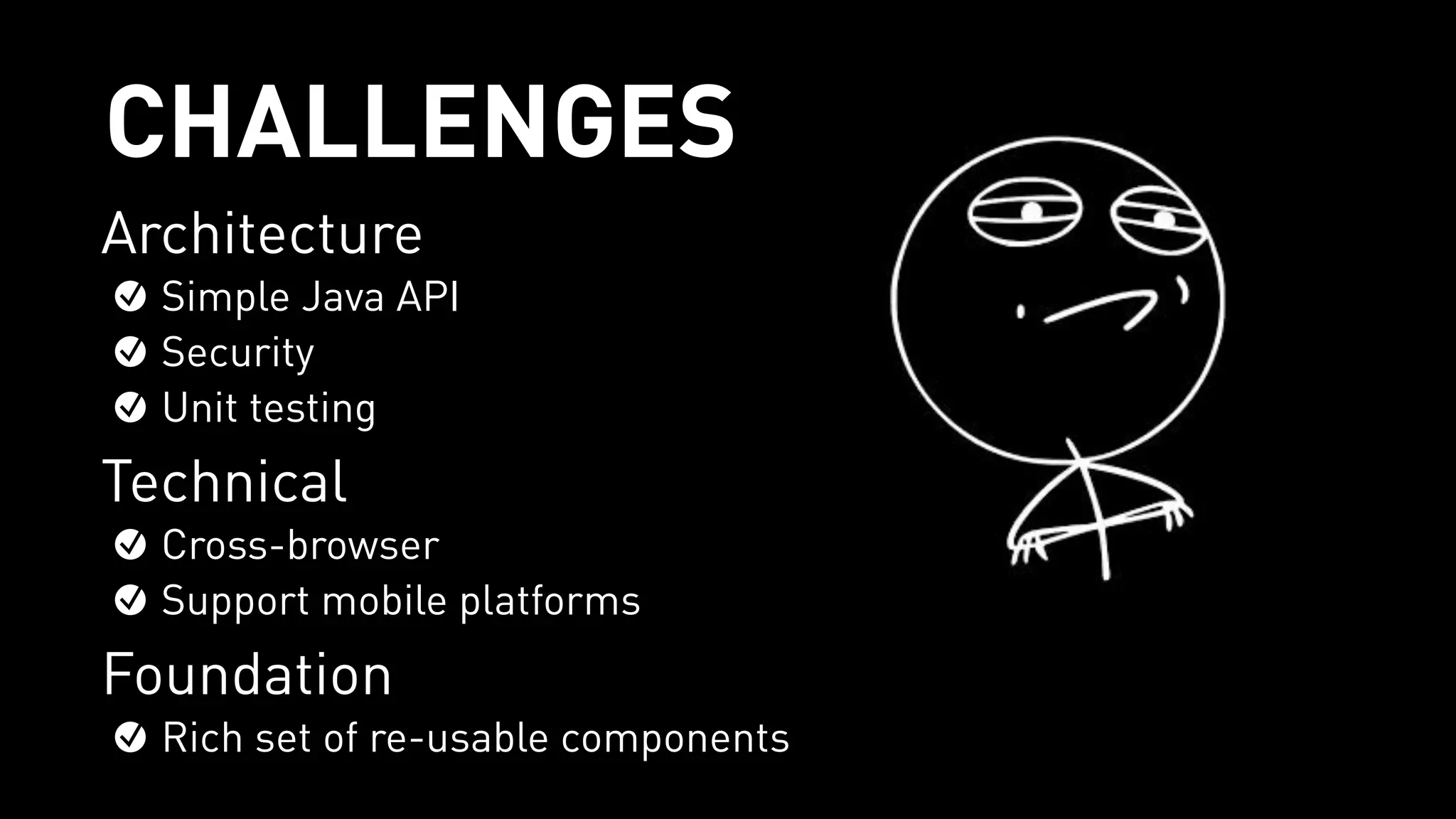 CHALLENGES
Architecture
Simple Java API
Security
Unit testing
Technical
Cross-browser
Support mobile platforms
Foundation
Rich set of re-usable components
 