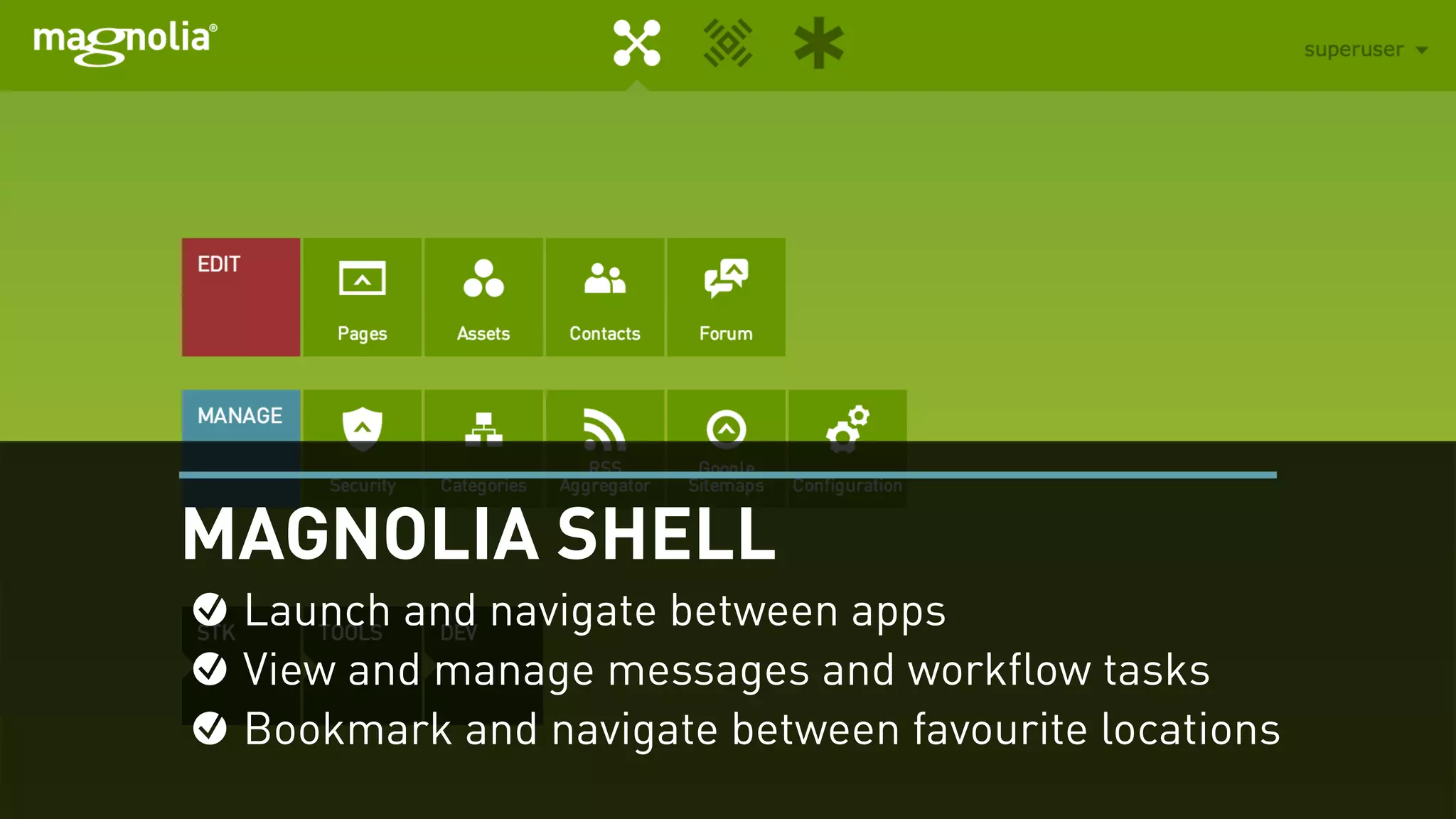 MAGNOLIA SHELL
Launch and navigate between apps
View and manage messages and workflow tasks
Bookmark and navigate between favourite locations
 