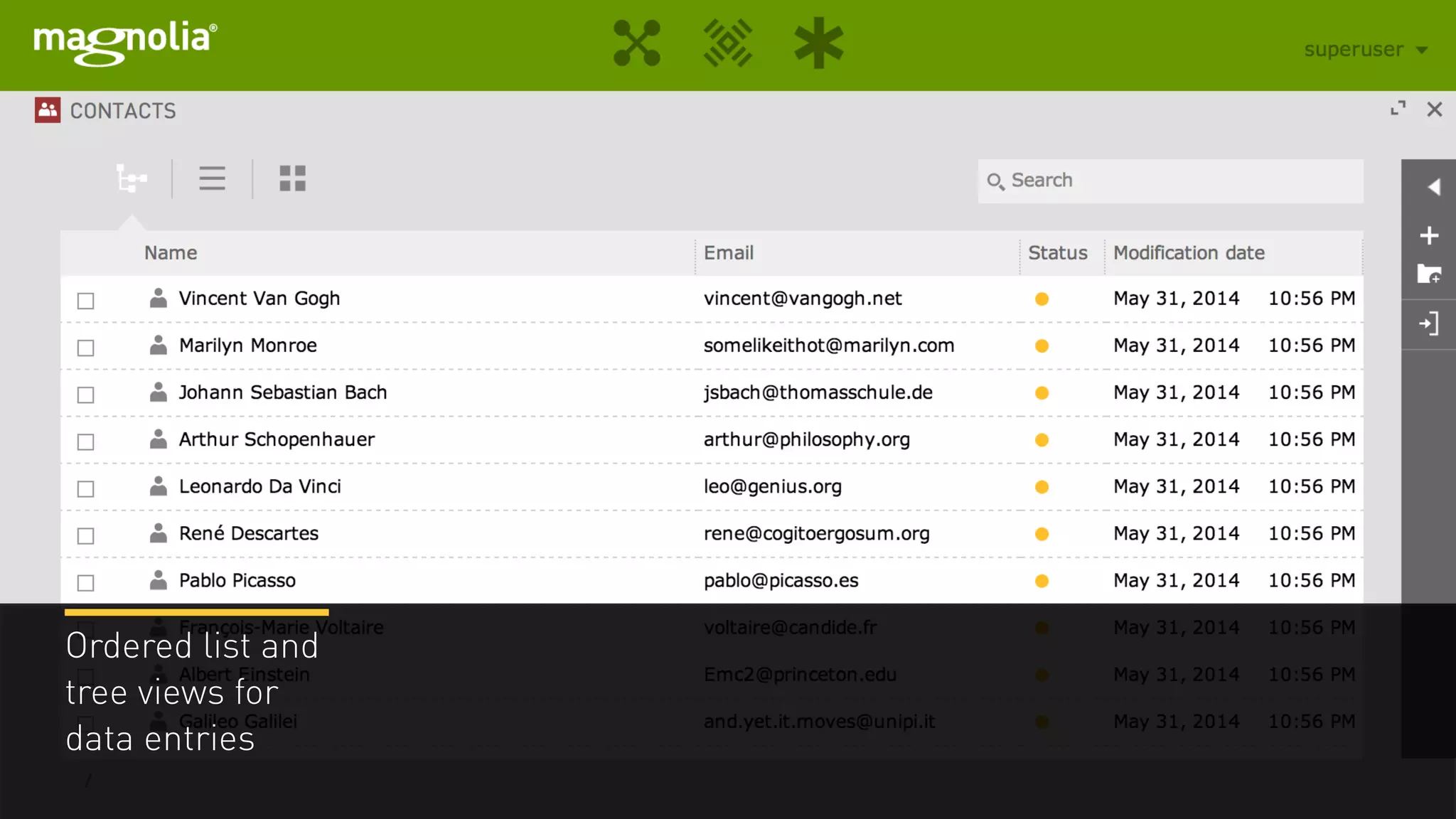 Ordered list and
tree views for
data entries
 