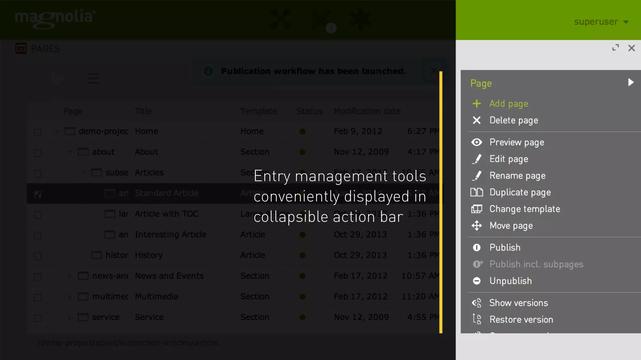 Entry management tools
conveniently displayed in
collapsible action bar
 
