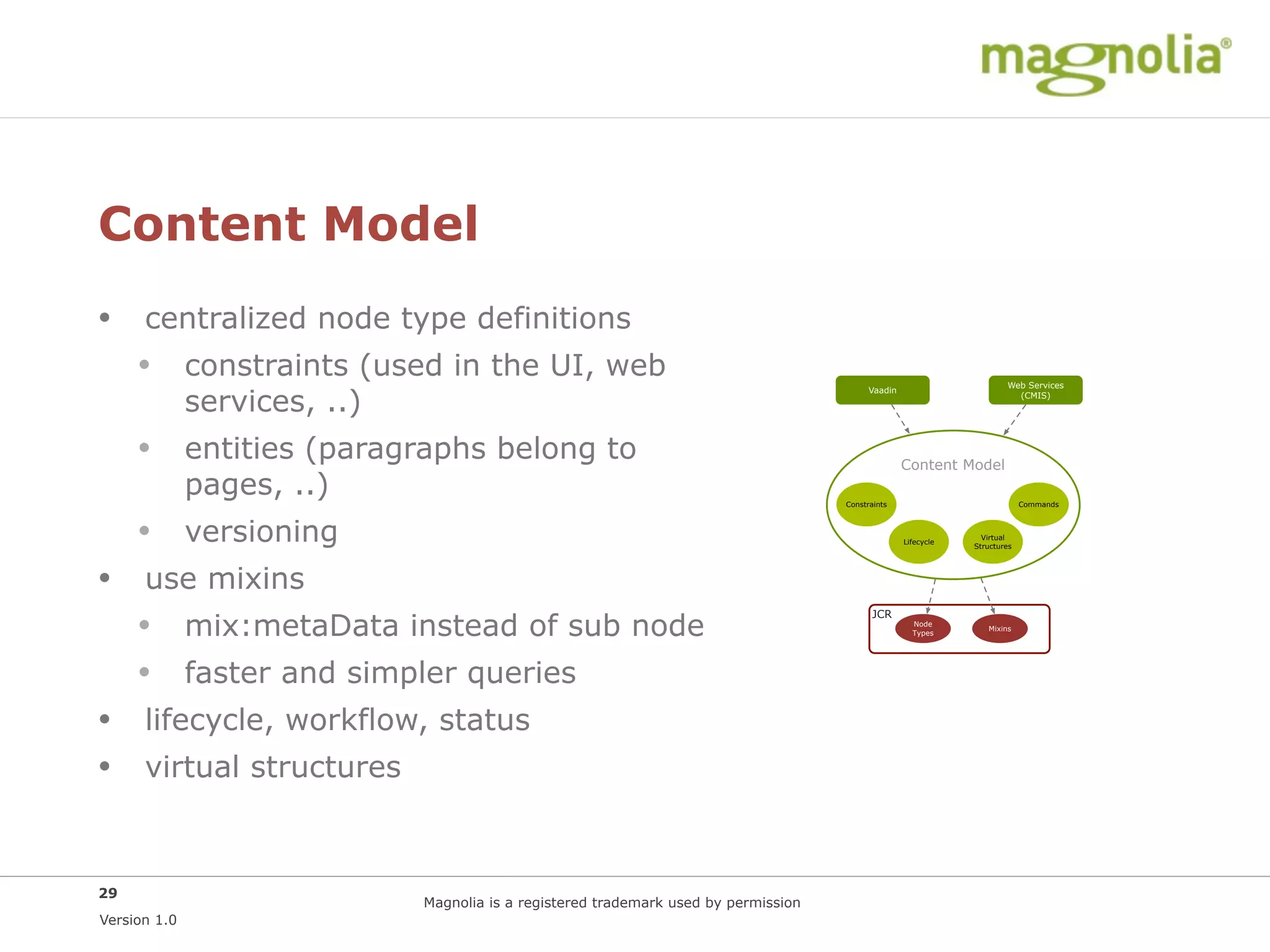 Content Model
• centralized node type definitions
  • constraints (used in the UI, web                                                                                     Web Services

              services, ..)
                                                                                            Vaadin
                                                                                                                           (CMIS)




     • entities (paragraphs belong to                                                                Content Model
              pages, ..)                                                              Constraints                             Commands




     • versioning                                                                                    Lifecycle
                                                                                                                   Virtual
                                                                                                                 Structures




• use mixins
  • mix:metaData instead of sub node
                                                                                             JCR
                                                                                                       Node
                                                                                                                    Mixins
                                                                                                       Types




  • faster and simpler queries
• lifecycle, workflow, status
• virtual structures


29
                              Magnolia is a registered trademark used by permission
Version 1.0
 