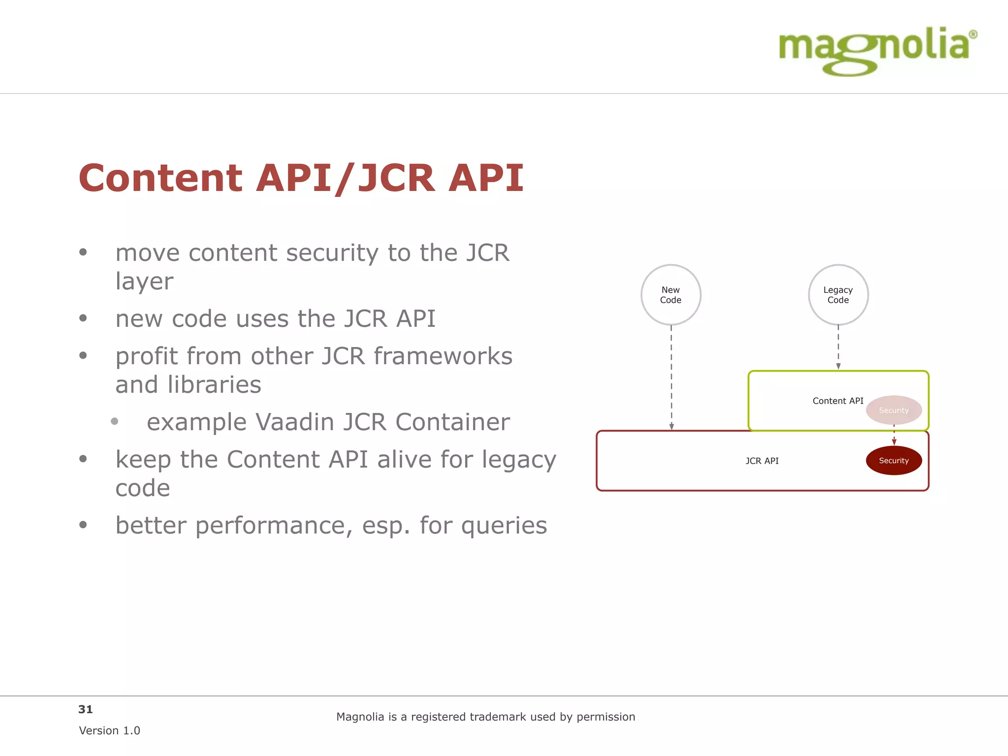 Content API/JCR API
• move content security to the JCR
      layer                                                                   New                Legacy
                                                                              Code                Code

• new code uses the JCR API
• profit from other JCR frameworks
      and libraries                                                                            Content API


     • example Vaadin JCR Container
                                                                                                             Security




• keep the Content API alive for legacy                                              JCR API                 Security



      code
• better performance, esp. for queries




31
                      Magnolia is a registered trademark used by permission
Version 1.0
 